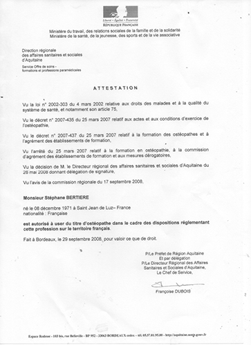 Certificat officiel du droit d’user du titre d’ostéopathe en France et en Espagne.