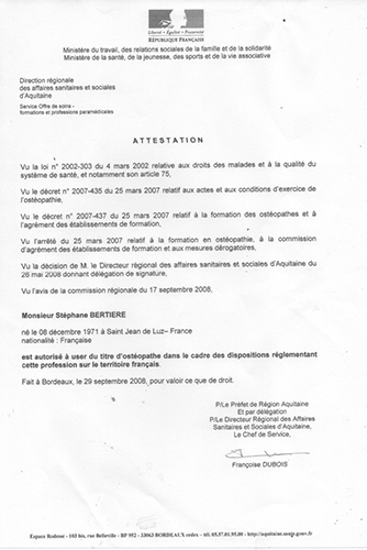 Certificat officiel du droit d’user du titre d’ostéopathe en France et en Espagne.